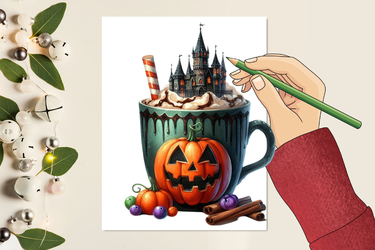 Halloween Coffee Cup PNG Bundle Spooky Pumpkin Coffee Watercolor Clipart