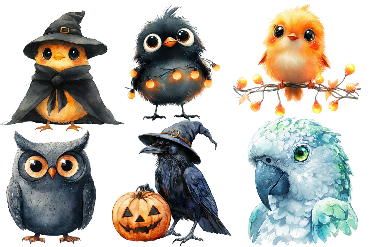Halloween Birds Clipart PNG Bundle | Spooky Owls, Crows, Ravens, Bats & Witch Bird PNG