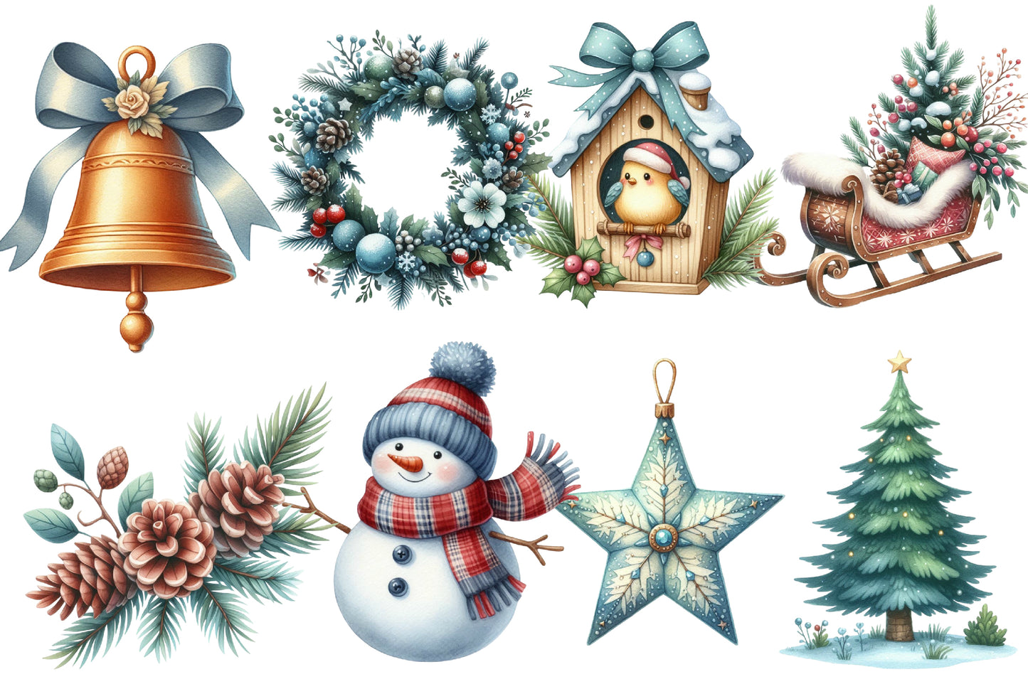 Cute Christmas Day Clipart PNG Bundle | Winter House, Deer, Angel, Snowman, Christmas Tree, Wreath, Lantern & Holiday Decorations