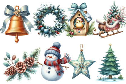Cute Christmas Day Clipart PNG Bundle | Winter House, Deer, Angel, Snowman, Christmas Tree, Wreath, Lantern & Holiday Decorations