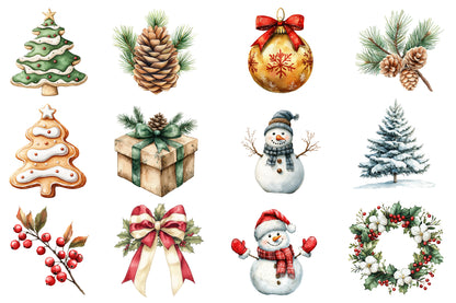 Merry Christmas Clipart PNG Bundle | Christmas Watercolor Clipart | Snowy Christmas Tree & Winter Holiday PNG