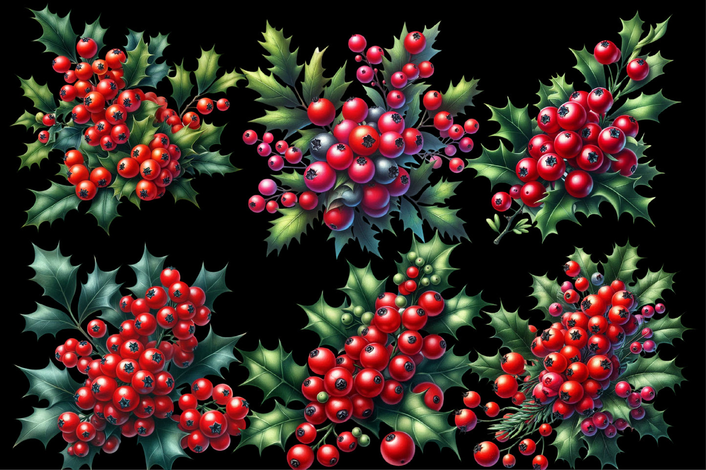 Christmas Berries Clipart PNG Bundle | Red Holly Berries, Winter Greenery, Christmas Berry Branches & Festive Botanical Designs