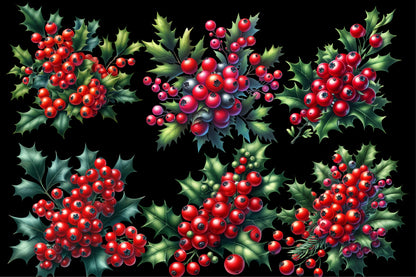 Christmas Berries Clipart PNG Bundle | Red Holly Berries, Winter Greenery, Christmas Berry Branches & Festive Botanical Designs