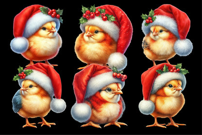 15 Christmas Chicken PNG Clipart Bundle Watercolor Santa Hat Holiday Chick