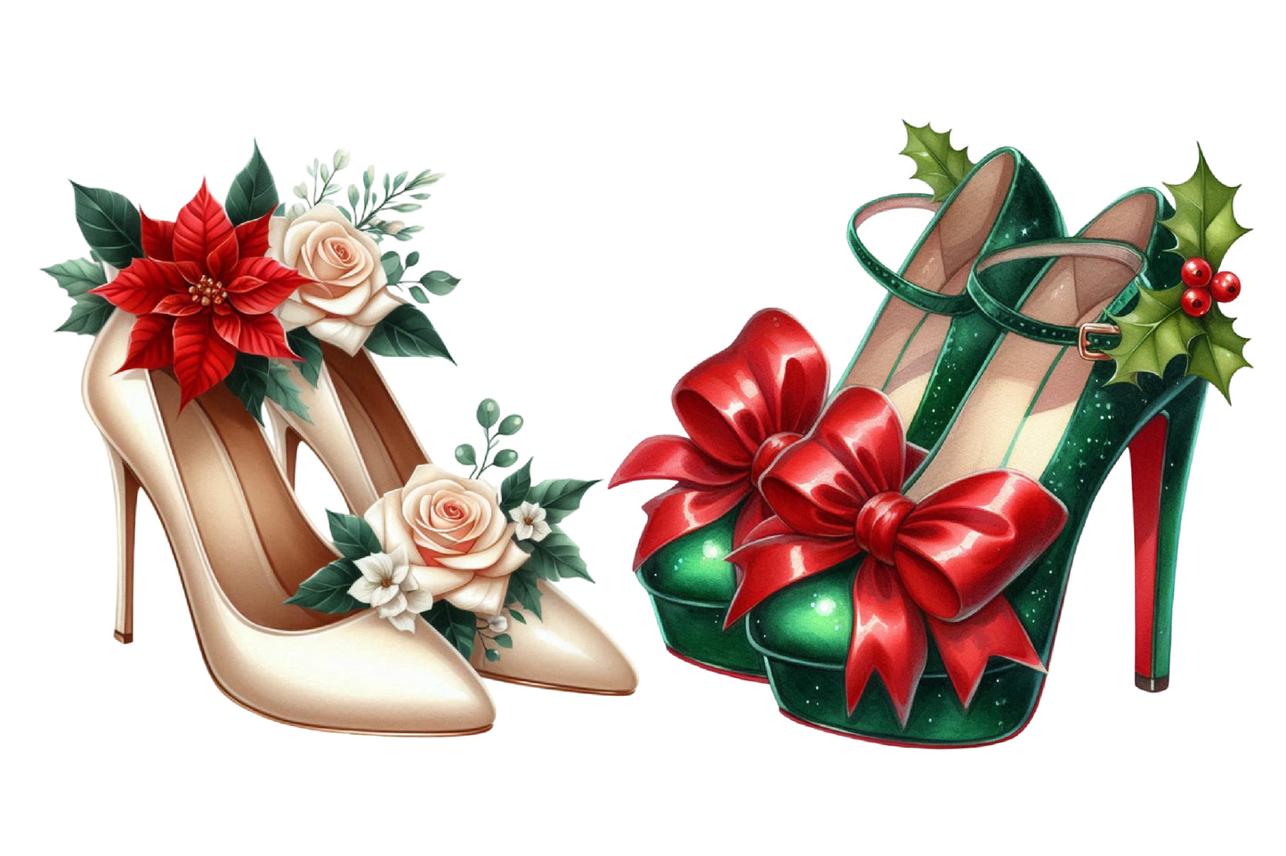 Christmas Shoes Clipart Bundle PNG | Watercolor Festive Christmas Shoes Clipart | Holiday Footwear Sublimation PNG