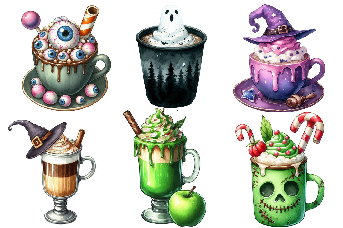 Halloween Coffee Latte Clipart PNG Bundle | Spooky Coffee Cup PNG, Pumpkin Latte Clipart
