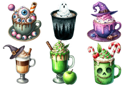 Halloween Coffee Latte Clipart PNG Bundle | Spooky Coffee Cup PNG, Pumpkin Latte Clipart
