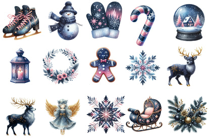 Christmas Clipart Watercolor PNG Bundle | Winter Holiday Clipart | Christmas Sublimation