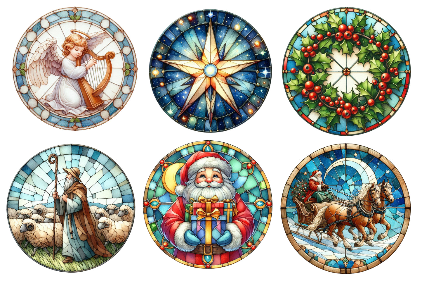 Christmas Round Stained Glass Clipart PNG Bundle | Watercolor Round Christmas Stained Glass Designs | Holiday Sublimation PNG