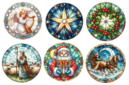 Christmas Round Stained Glass Clipart PNG Bundle | Watercolor Round Christmas Stained Glass Designs | Holiday Sublimation PNG