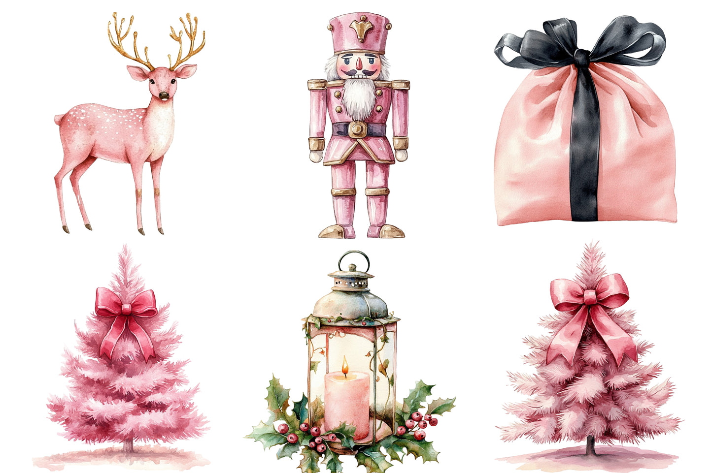 Pink Christmas Watercolor Clipart PNG Bundle | Holiday Christmas Pink Clipart | Cute Winter Christmas Sublimation PNG