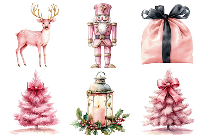 Pink Christmas Watercolor Clipart PNG Bundle | Holiday Christmas Pink Clipart | Cute Winter Christmas Sublimation PNG