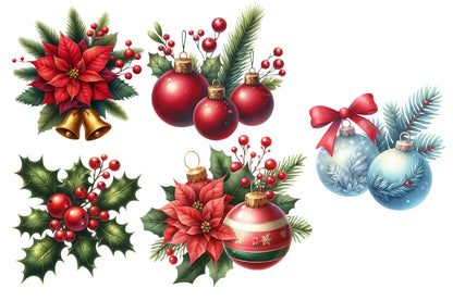 Christmas Clipart PNG Bundle | Poinsettia Flowers, Holly Berries, Cardinal Birds, Christmas Ornaments, Wreaths & Pine Greenery
