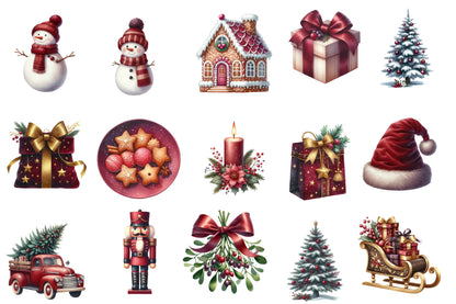 Burgundy Christmas Watercolor Clipart PNG Bundle | Elegant Red Christmas Watercolor Clipart | Burgundy Holiday Sublimation PNG
