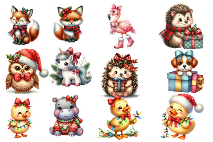 Cute Animal Christmas Clipart PNG Bundle | Christmas Giraffe, Owl, Unicorn, Puppy, Reindeer, Fox, Cow, Koala & Woodland Animals