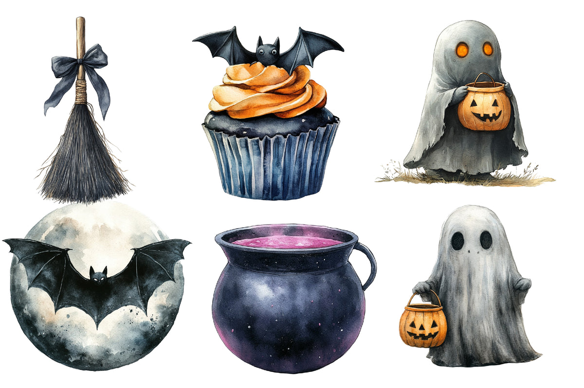 Halloween Clipart PNG Bundle | Witch Cat, Raven, Ghost, Bat, Haunted House & Pumpkin PNG