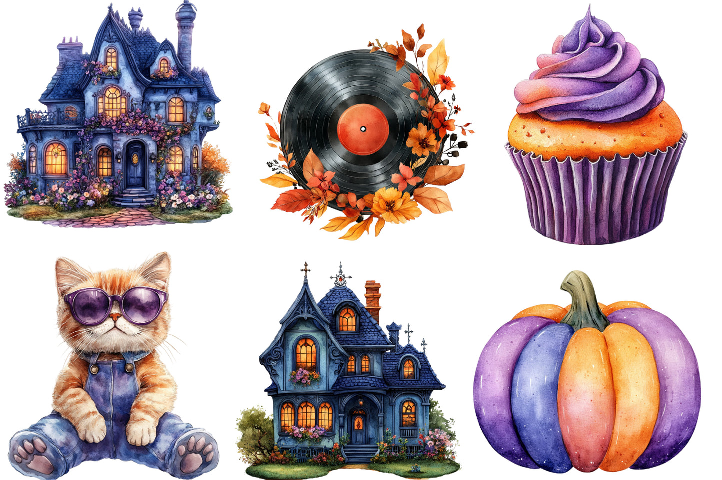 Groovy Halloween Watercolor Clipart PNG Bundle | Retro Halloween Clipart
