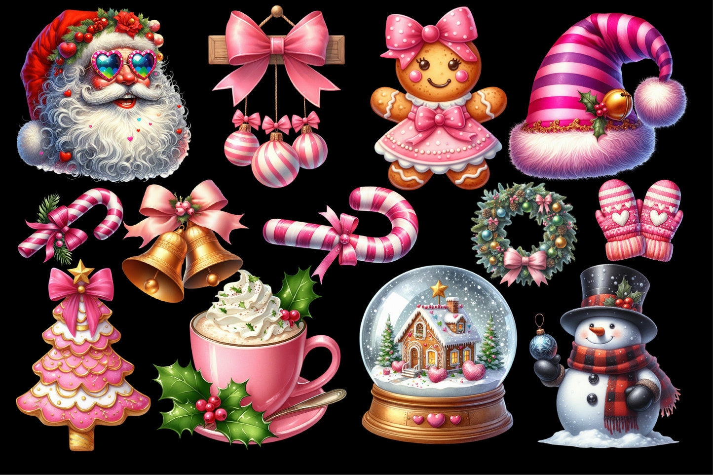Watercolor Christmas Elements Clipart PNG Bundle | Cute Pink Christmas Holiday Designs