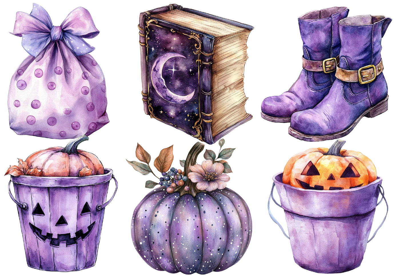 Purple Halloween Watercolor Clipart PNG Bundle | Cute Purple Halloween Clipart | Purple Halloween Sublimation PNG