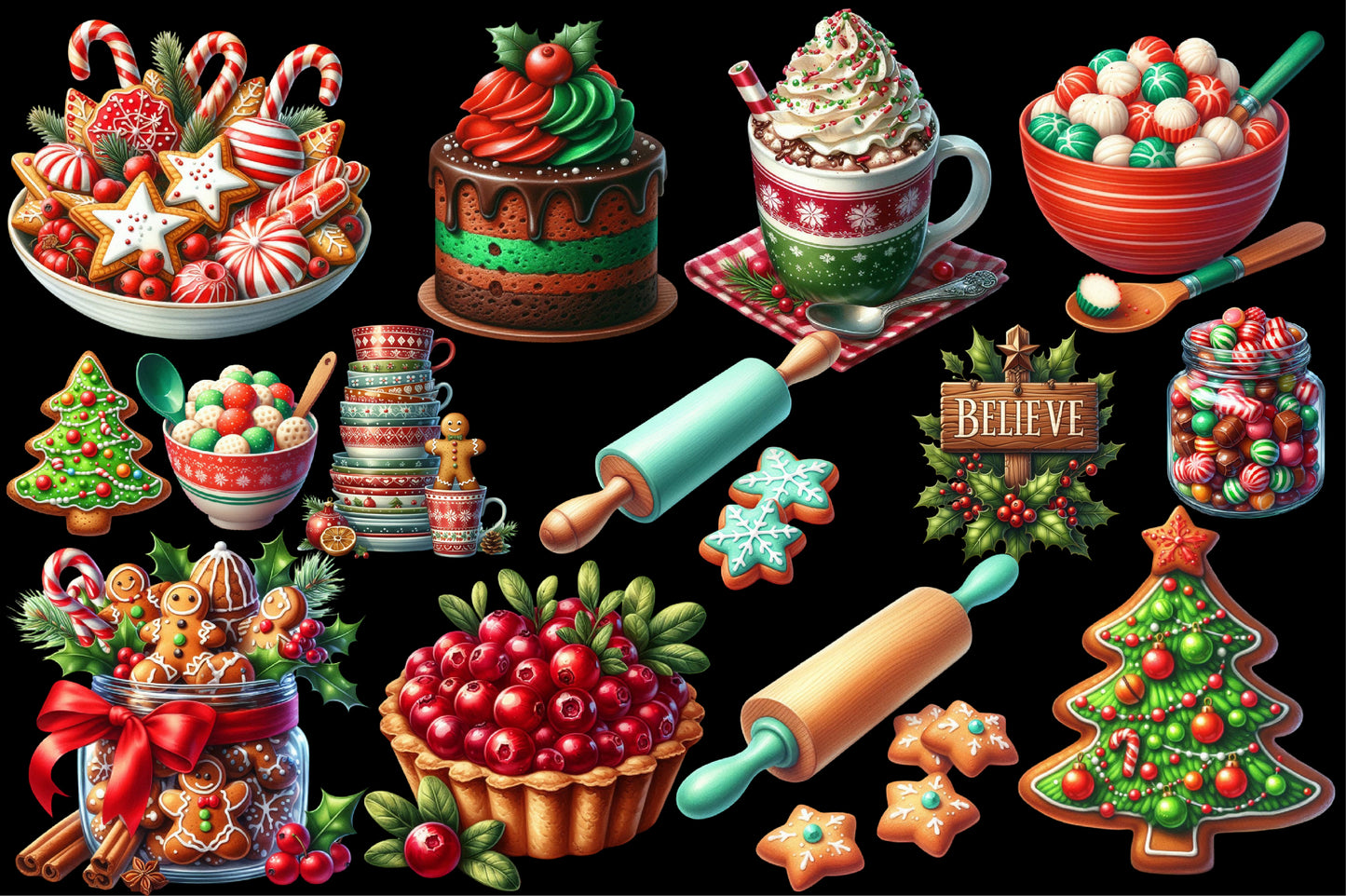 Watercolor Christmas Food Clipart PNG Bundle | Holiday Baking & Sweets