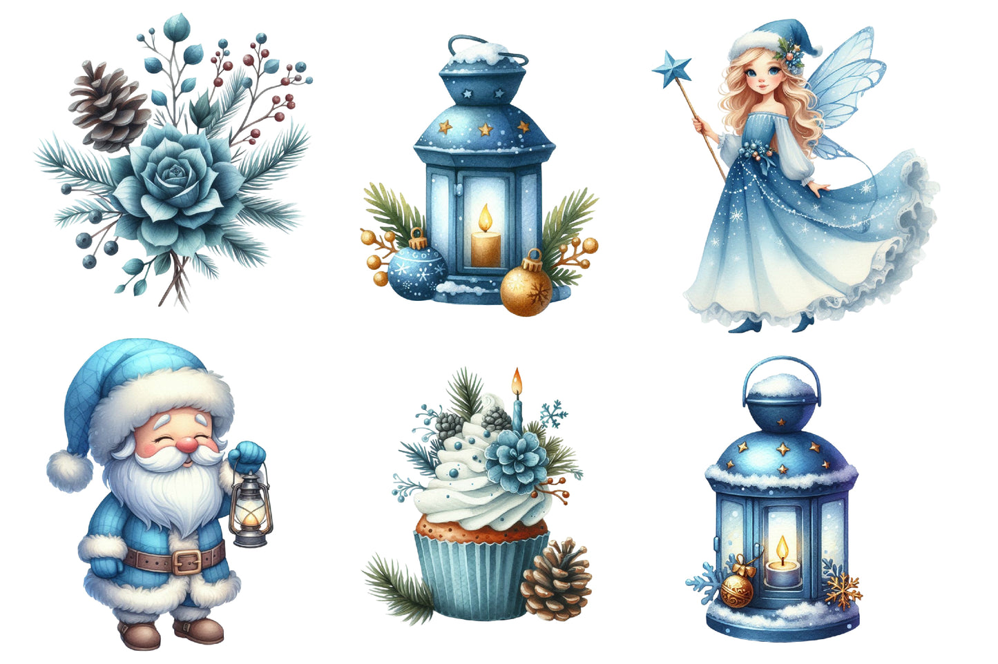 Blue and Gold Christmas Clipart PNG Bundle | Luxury Watercolor Holiday Clipart | Elegant Blue Gold Christmas PNG