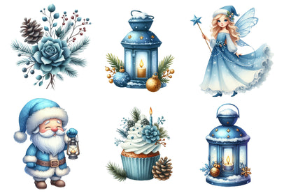 Blue and Gold Christmas Clipart PNG Bundle | Luxury Watercolor Holiday Clipart | Elegant Blue Gold Christmas PNG