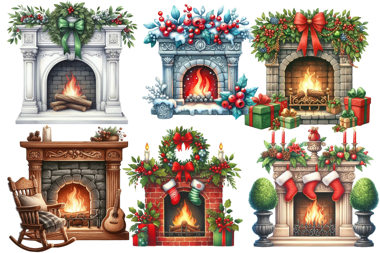 Christmas Fireplace Clipart PNG Bundle | Watercolor Cozy Christmas Fireplace Clipart | Holiday Fireplace Sublimation PNG