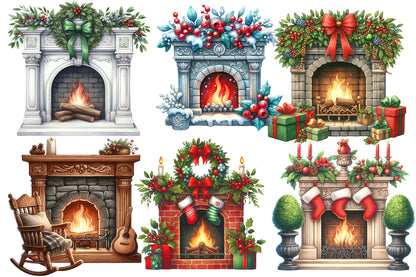Christmas Fireplace Clipart PNG Bundle | Watercolor Cozy Christmas Fireplace Clipart | Holiday Fireplace Sublimation PNG