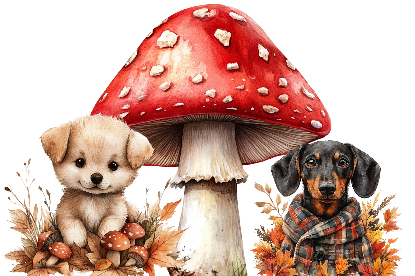 Watercolor Autumn Dog Clipart PNG Bundle | Cute Fall Dogs, Pumpkin, Scarf, Leaves & Cozy Puppy Sublimation