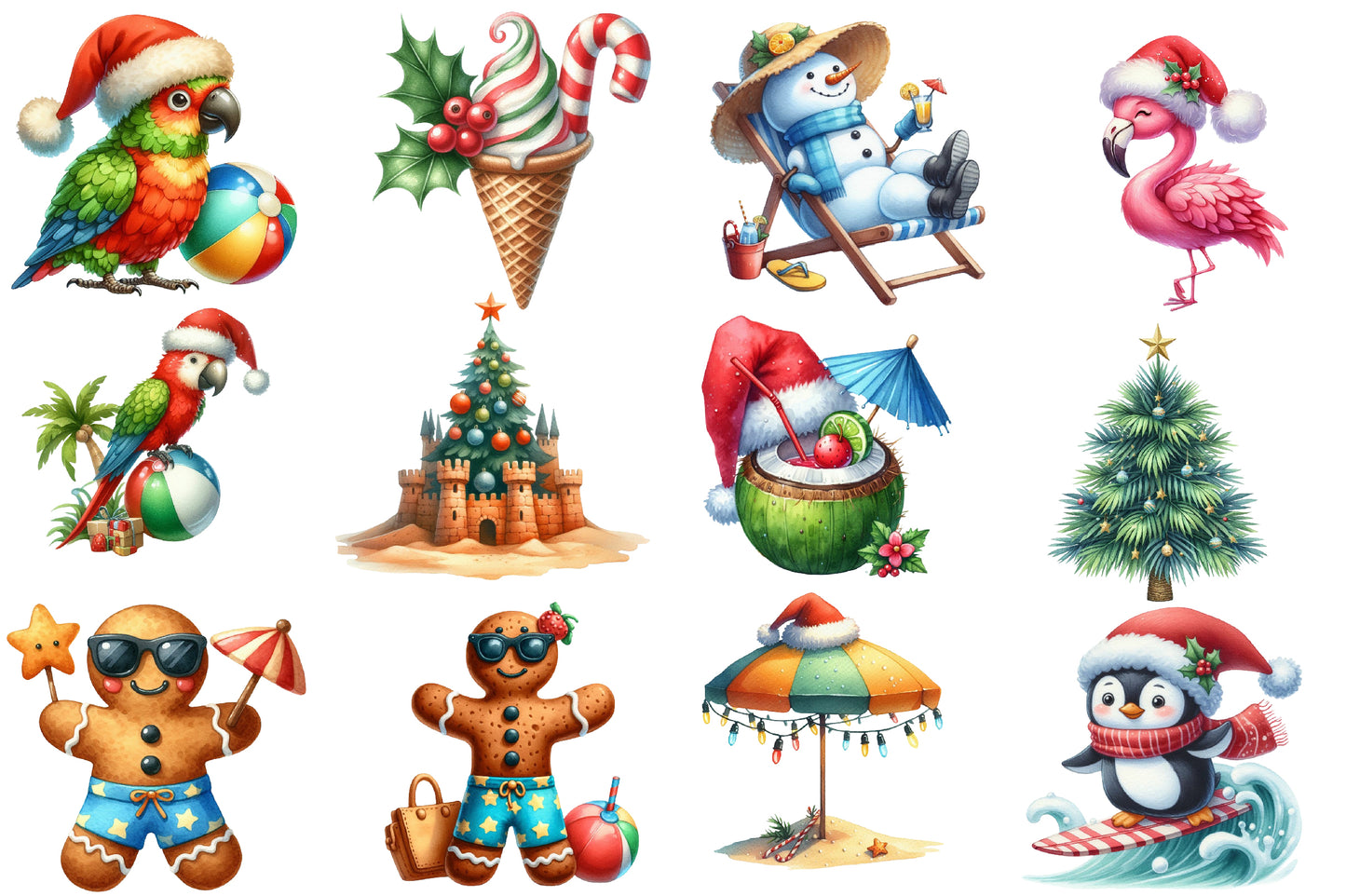 Summer Christmas Watercolor Clipart PNG Bundle | Tropical Christmas PNG | Beach Santa Sublimation