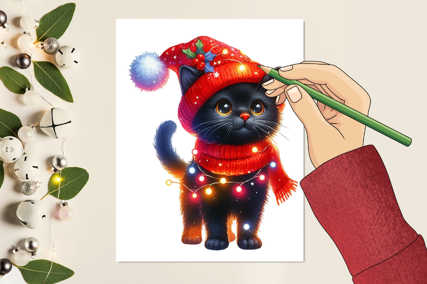 Christmas Black Cat with Lights PNG Clipart Bundle | Watercolor Black Cats with Christmas Lights, Santa Hats, Scarves & Holiday Decor