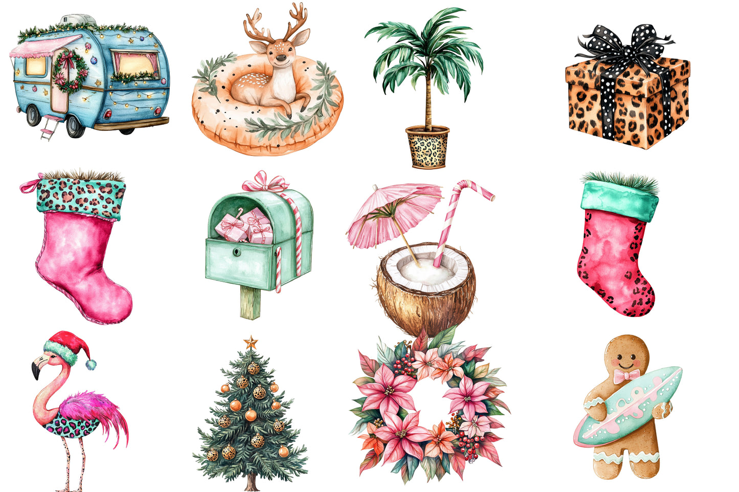 Christmas in July Watercolor Clipart PNG Bundle | Tropical Christmas Summer Holiday Clipart | Christmas Sublimation PNG