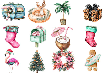 Christmas in July Watercolor Clipart PNG Bundle | Tropical Christmas Summer Holiday Clipart | Christmas Sublimation PNG