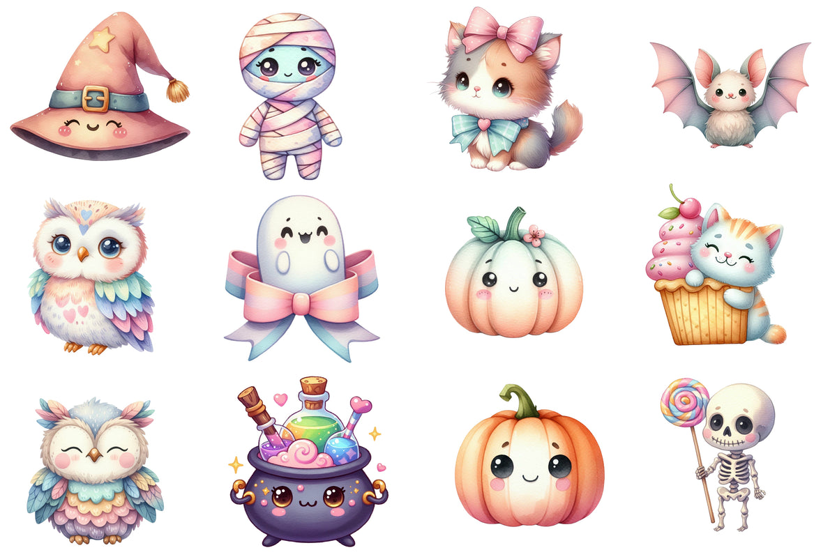 Pastel Halloween Clipart PNG Bundle | Cute Cat, Owl, Ghost, Witch & Pumpkin