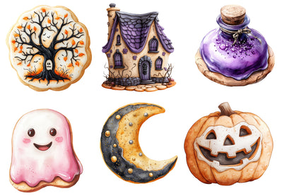 Watercolor Halloween Cookies Clipart PNG Bundle | Spooky Cookies, Pumpkin, Ghost, Witch & Bat Treats PNG
