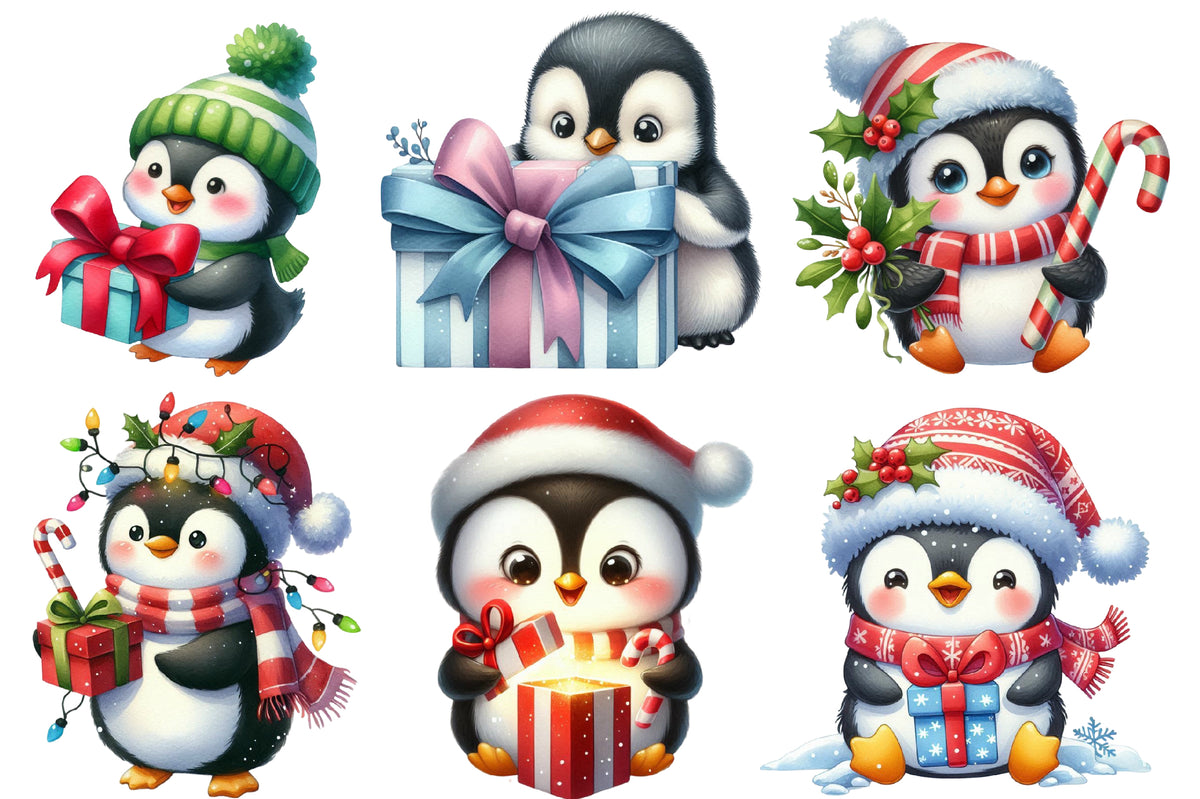 Christmas Penguin Clipart PNG Bundle | Watercolor Cute Christmas Penguin Clipart | Winter Holiday Sublimation PNG