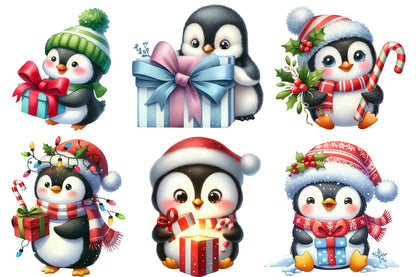 Christmas Penguin Clipart PNG Bundle | Watercolor Cute Christmas Penguin Clipart | Winter Holiday Sublimation PNG