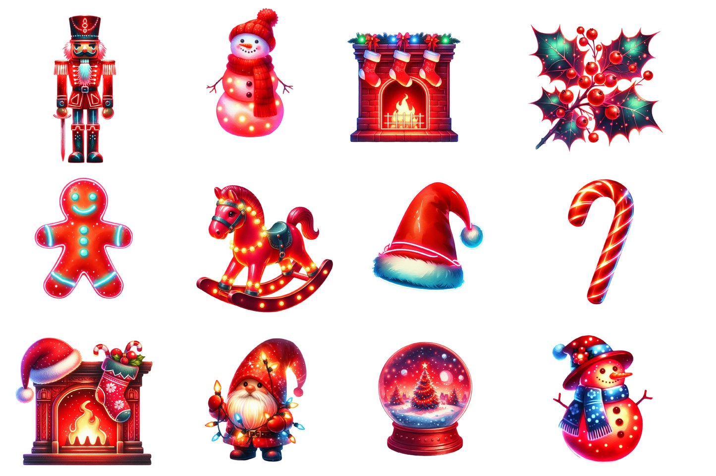 Red Neon Christmas Clipart PNG Bundle | Glowing Christmas PNG | Neon Holiday Sublimation