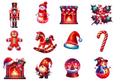 Red Neon Christmas Clipart PNG Bundle | Glowing Christmas PNG | Neon Holiday Sublimation