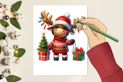 30 Christmas Moose PNG Watercolor Clipart Bundle Festive Reindeer Moose