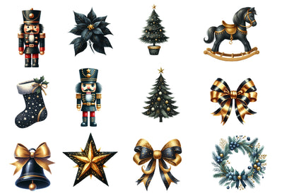 Black and Gold Christmas Clipart PNG Bundle | Luxury Watercolor Holiday Clipart | Elegant Black Gold Christmas PNG