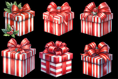 Christmas Gift Box Clipart PNG Bundle | Red & White Striped Christmas Presents, Gift Boxes & Festive Bows