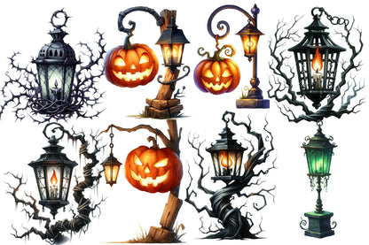 Halloween Streetlights Clipart PNG Bundle | 21 Gothic Lantern & Street Lamp Designs