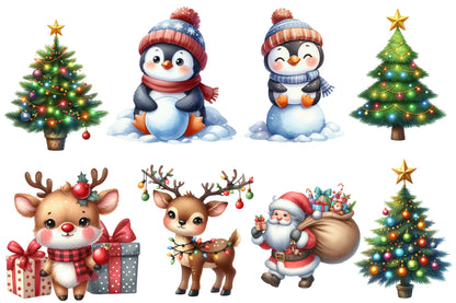 Christmas Clipart Watercolor PNG Bundle | Cute Christmas Clipart | Holiday Sublimation