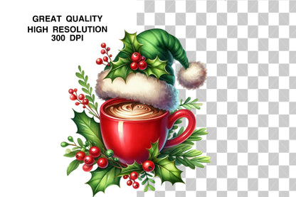 Christmas Coffee Cup Clipart PNG Bundle | Red Coffee Mugs, Santa Hats, Holly Berry & Festive Winter Coffee Designs