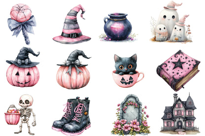 Cute Halloween Clipart PNG Bundle | Pink Halloween PNG, Cute Ghost Cat Owl Clipart