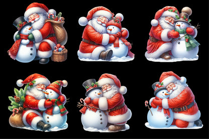 Santa Claus with Snowman PNG Christmas Watercolor Clipart