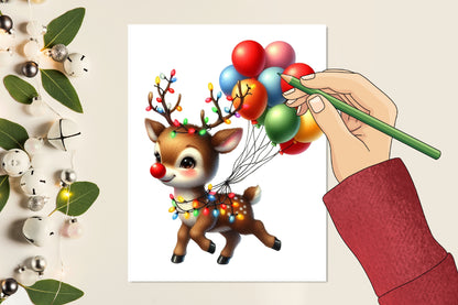 Christmas Baby Reindeer PNG Clipart Bundle | Watercolor Cute Reindeer with Christmas Lights & Balloons