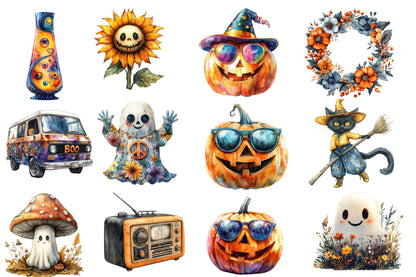Groovy Halloween Clipart PNG Bundle | Retro Halloween Clipart, Vintage Halloween PNG