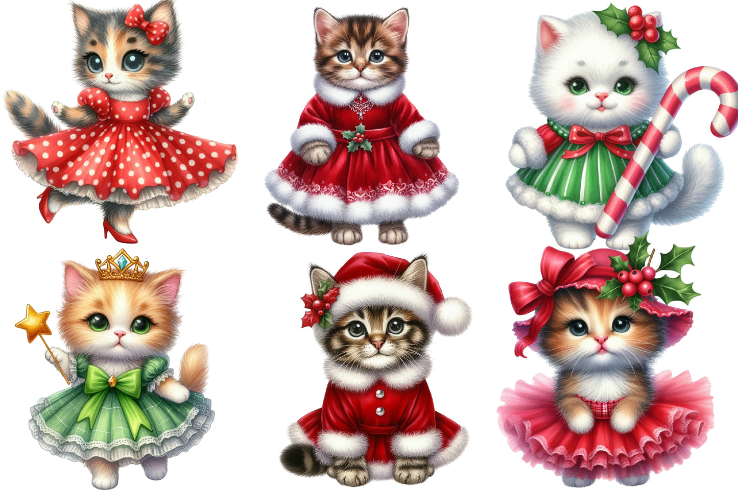 Kitten Christmas Watercolor Clipart PNG Bundle | Cute Christmas Cat PNG | Christmas Kitten Sublimation